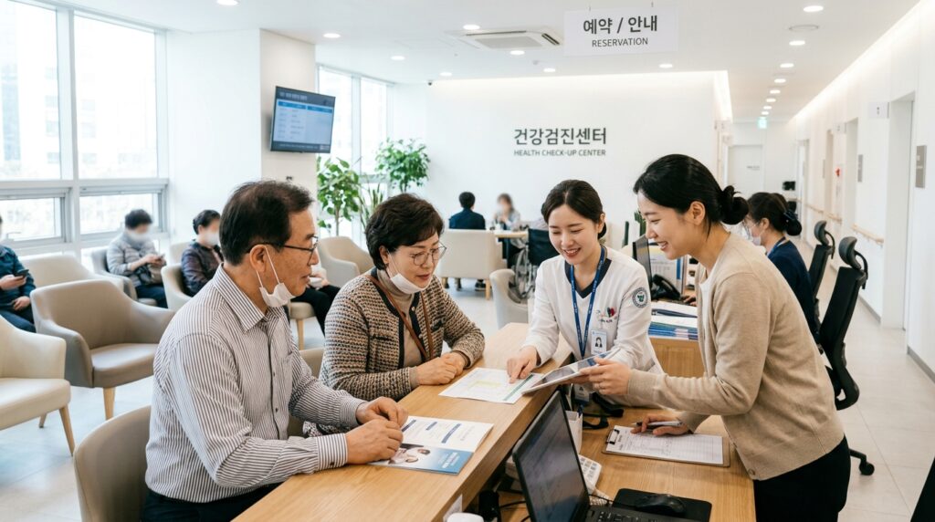 부모님 국가건강검진 대상 조회 후 건강검진을 예약하는 모습