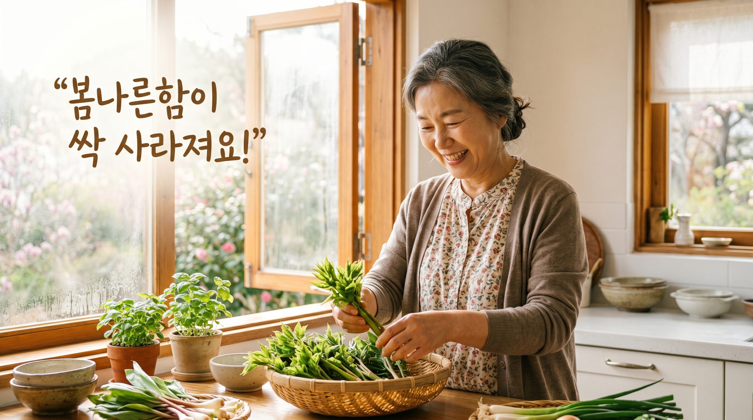 햇살이 비치는 주방 창가에서 싱싱한 두릅을 손질하며 미소 짓는 60대 한국인 여성