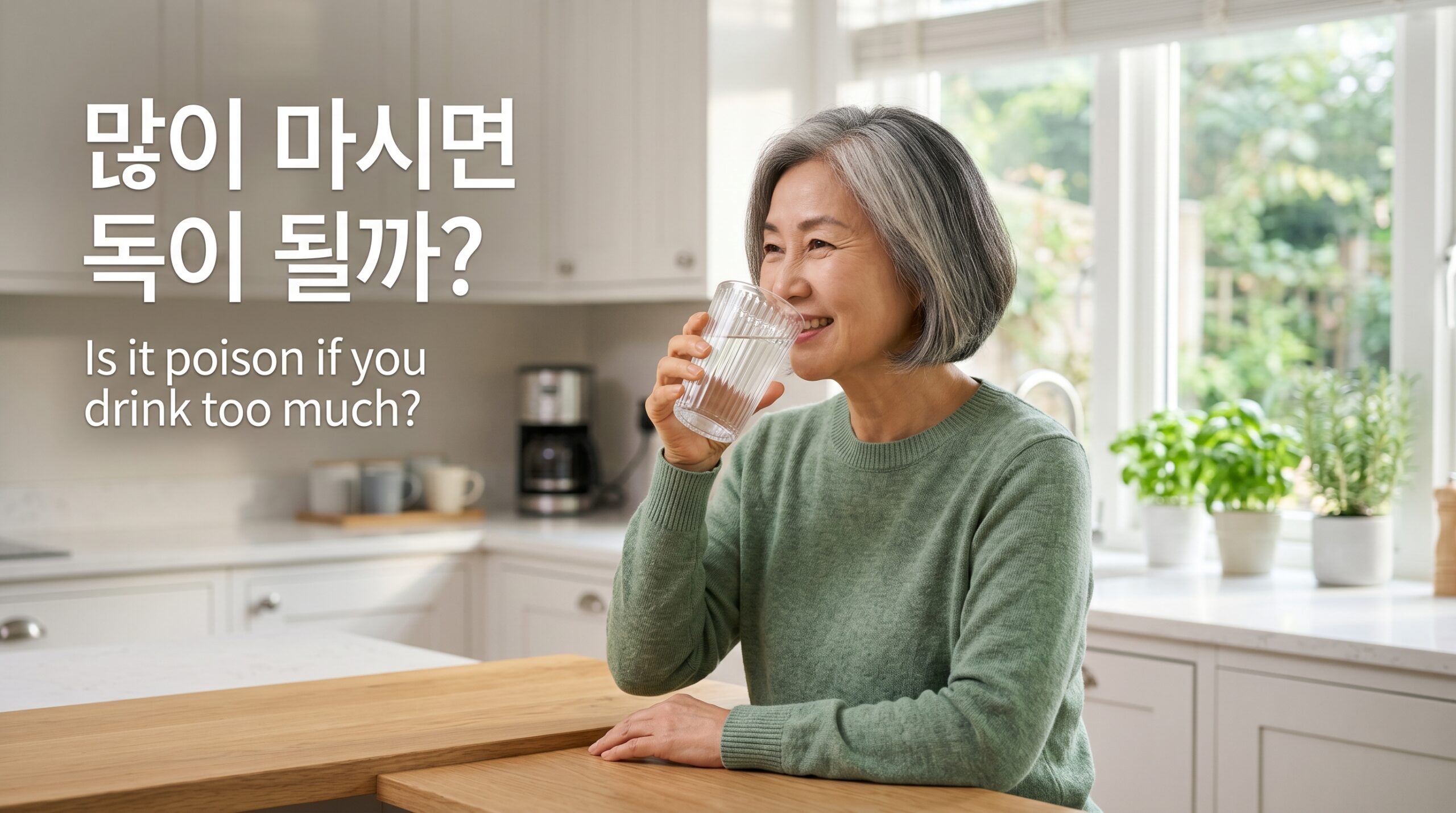 주방에서 미소 지으며 깨끗한 물을 마시는 건강한 60대 한국인 여성의 모습