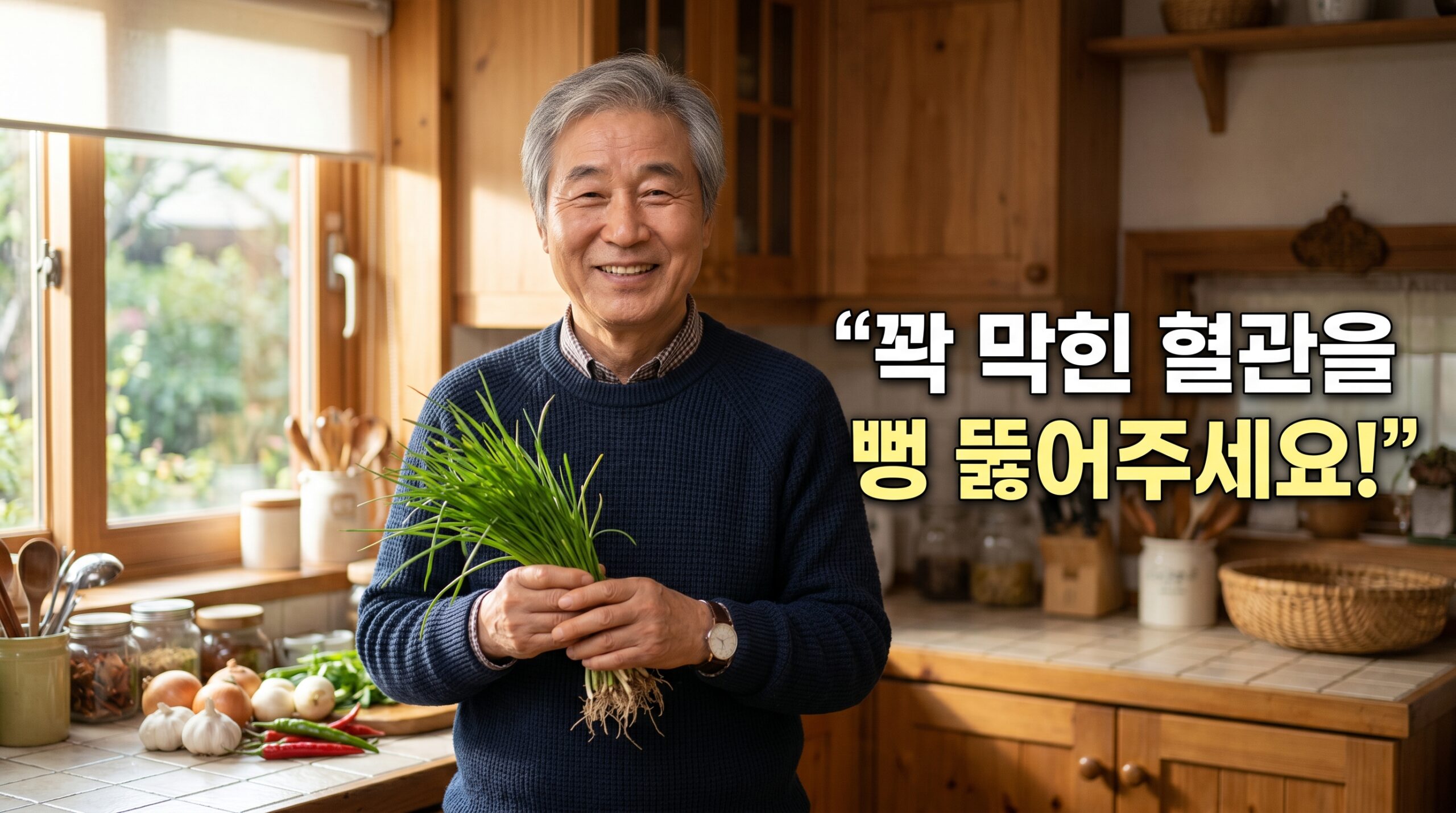 싱싱한 달래를 한 다발 들고 인자하게 웃고 있는 60대 한국인 남성과 혈관 건강 문구