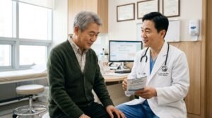 콜레스테롤 걱정으로 의사에게 물어보는 모습
