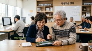 평생이용권 혜택을 받아 교육을 받고 있는 60대 모습
