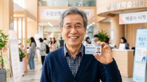 평생교육이용권을 발급 받아 행복한 모습을 하고 있는 60대