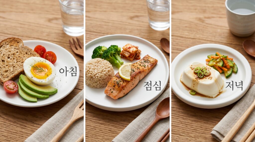 아침(계란), 점심(생선), 저녁(두부) 자막이 포함된 시니어 전용 단백질 분할 식단 가이드