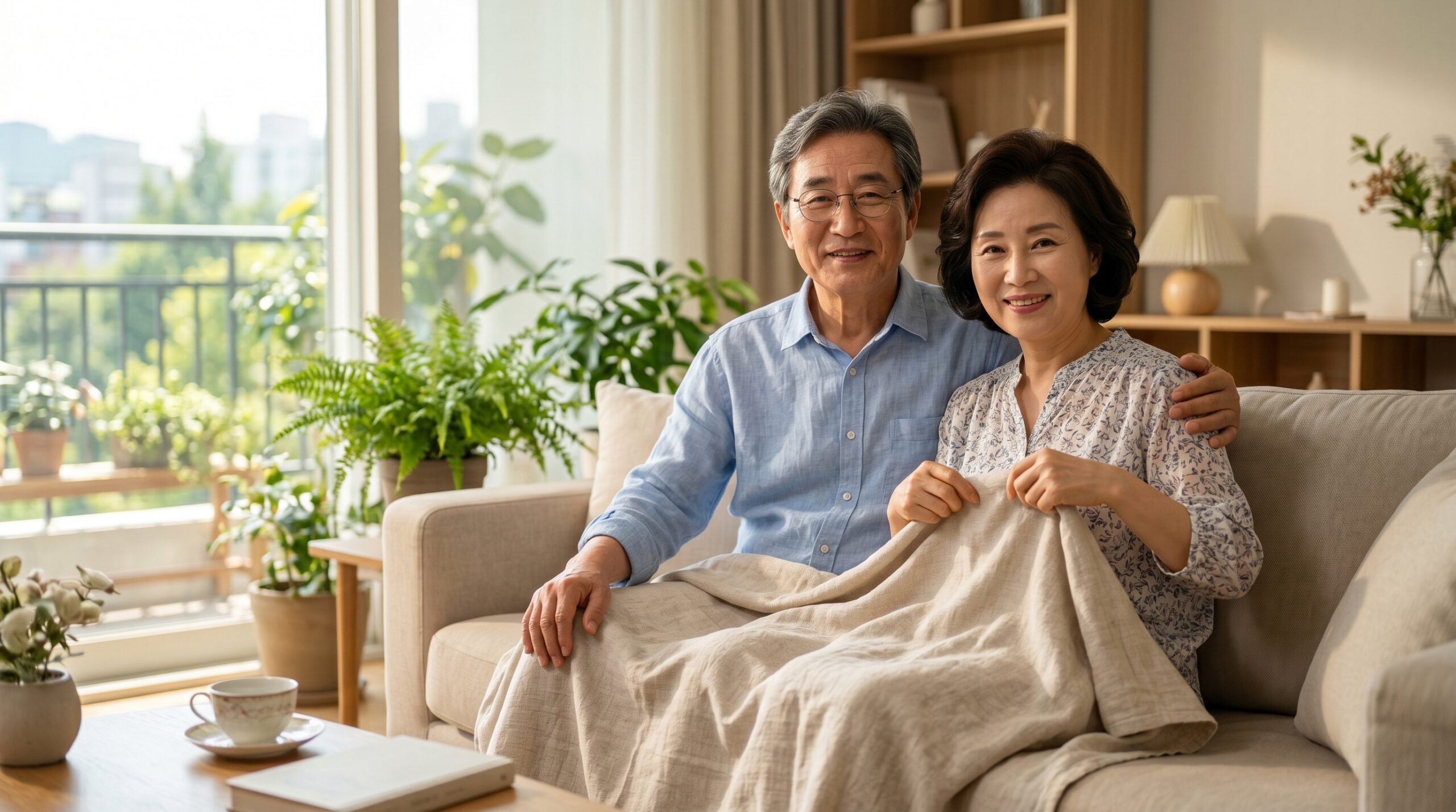 부모님이 자꾸 이불 덮고 자는 이유를 알아보기 위해 여름철 거실 소파에서 얇은 담요를 무릎에 덮고 평온하게 쉬고 있는 60대 노인 부부의 모습