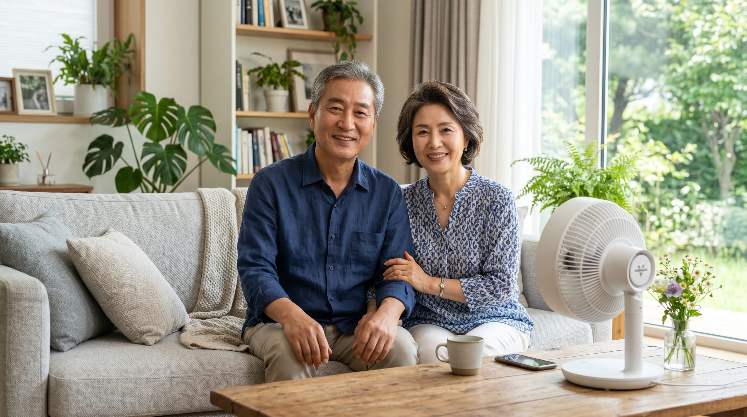 선풍기를 켜 둔 거실 소파에 나란히 앉아 수면 습관에 대해 이야기하는 60대 노인 부부의 모습
