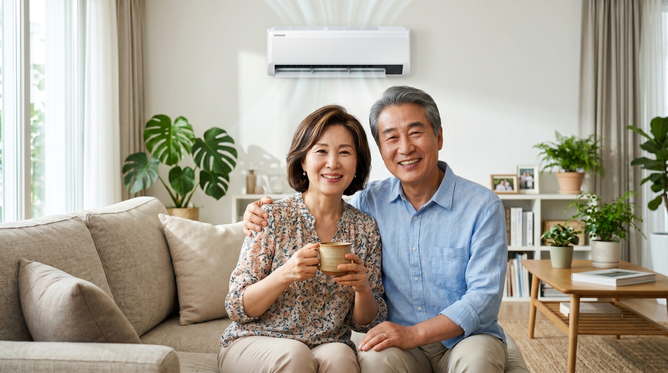 에어컨 오래 틀면 목 아픈 이유를 예방하기 위해 거실에서 따뜻한 물을 마시며 밝게 웃고 있는 60대 노인 부부의 모습
