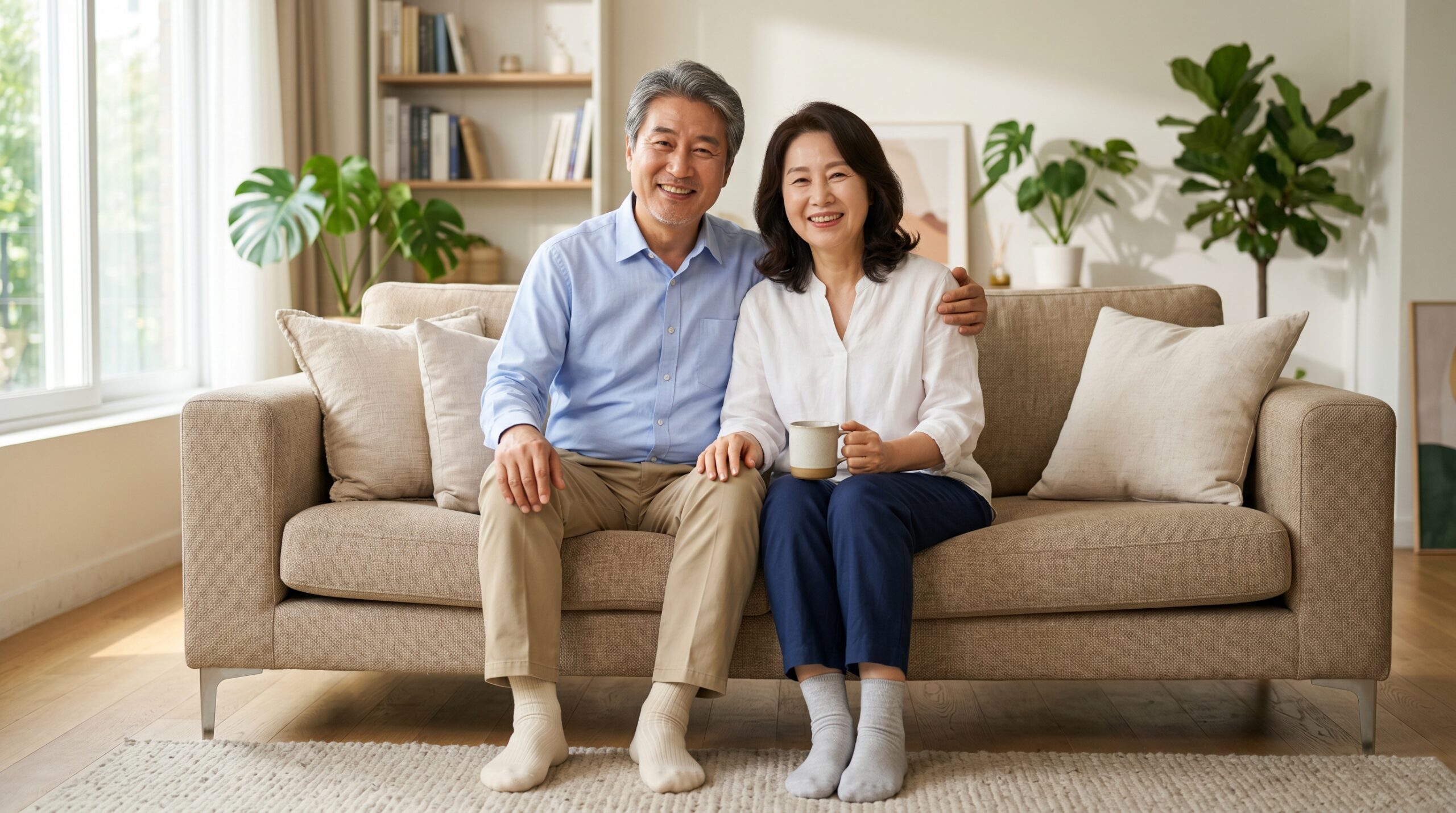 여름에 발 시린 이유를 해결하기 위해 거실 소파에 앉아 면 양말을 신고 따뜻하게 미소 짓고 있는 60대 시니어 부부의 건강한 모습