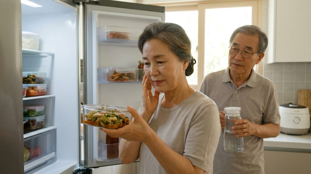 여름날 냉장고 안의 반찬을 아깝다며 꼼꼼히 검사하며 꺼내는 한국인