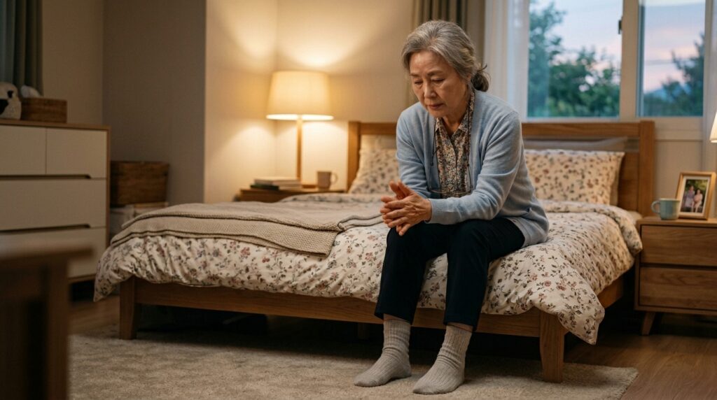 부모님이 자꾸 이불 덮고 자는 이유인 말초 혈액순환 저하로 여름에도 손발 시림을 느껴 양말을 신은 60대 노인 여성