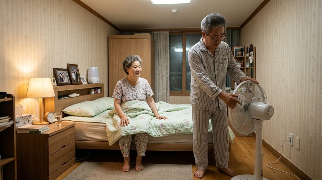 선풍기 방향을 벽으로 돌리고 타이머를 설정하는 부모님