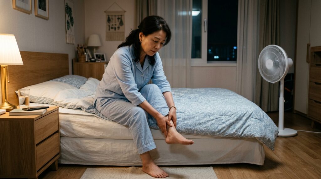 여름철 선풍기 바람으로 인한 하체 혈액순환 저하로 종아리 통증을 느끼는 시니어 여성