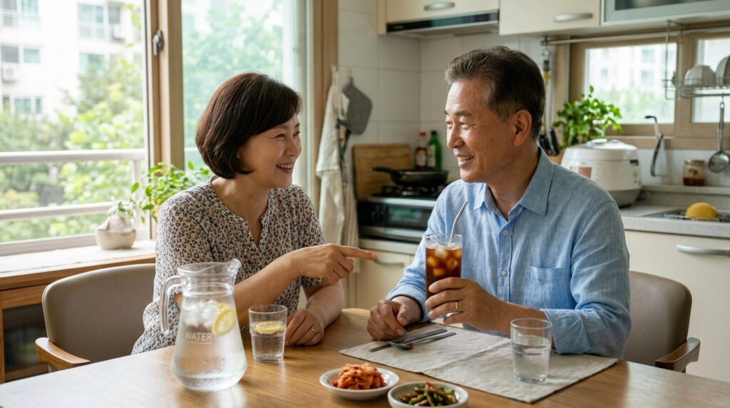 주방에서 시원한 아이스커피와 맑은 물병을 앞에 두고 대화하는 한국인 시니어 부모님