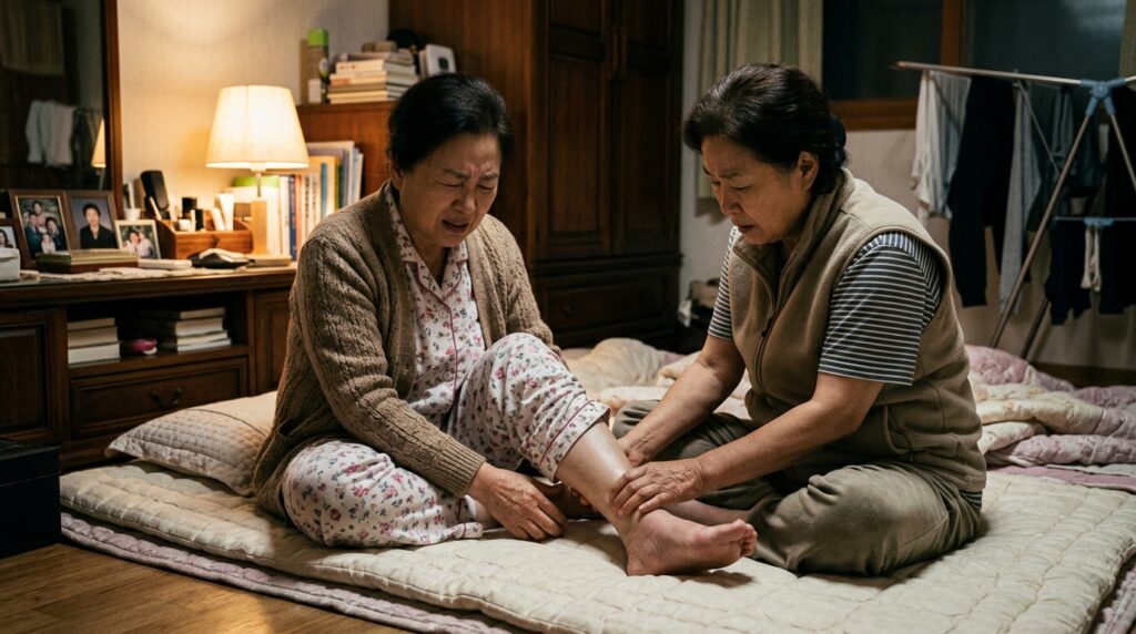 혈액순환이 안되서 발이 아픈 시니어 모습