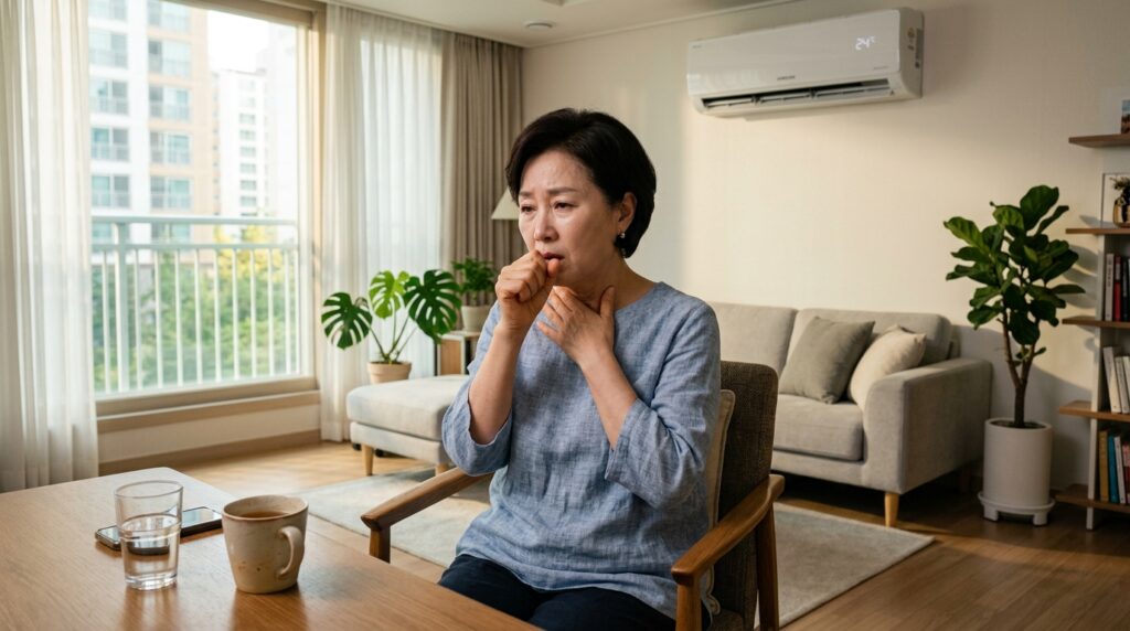 에어컨 찬 바람을 오래 맞아 목 안쪽 점막 건조증으로 인해 마른기침을 하며 목을 만지고 있는 시니어 여성의 모습