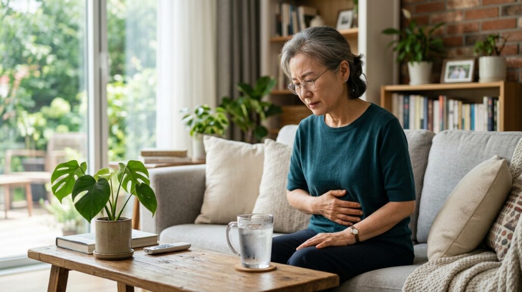 여름철 보리차만 계속 마시면 생기는 문제 차가운 음료 과다 섭취로 위장 소화 불량을 겪는 시니어 여성 건강 관리