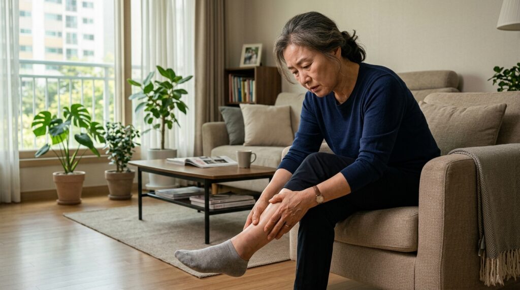 여름철 과도한 에어컨 냉방으로 인해 거실에서 발끝이 차가워져 두 손으로 종아리와 발을 감싸 쥐고 있는 시니어 여성의 모습