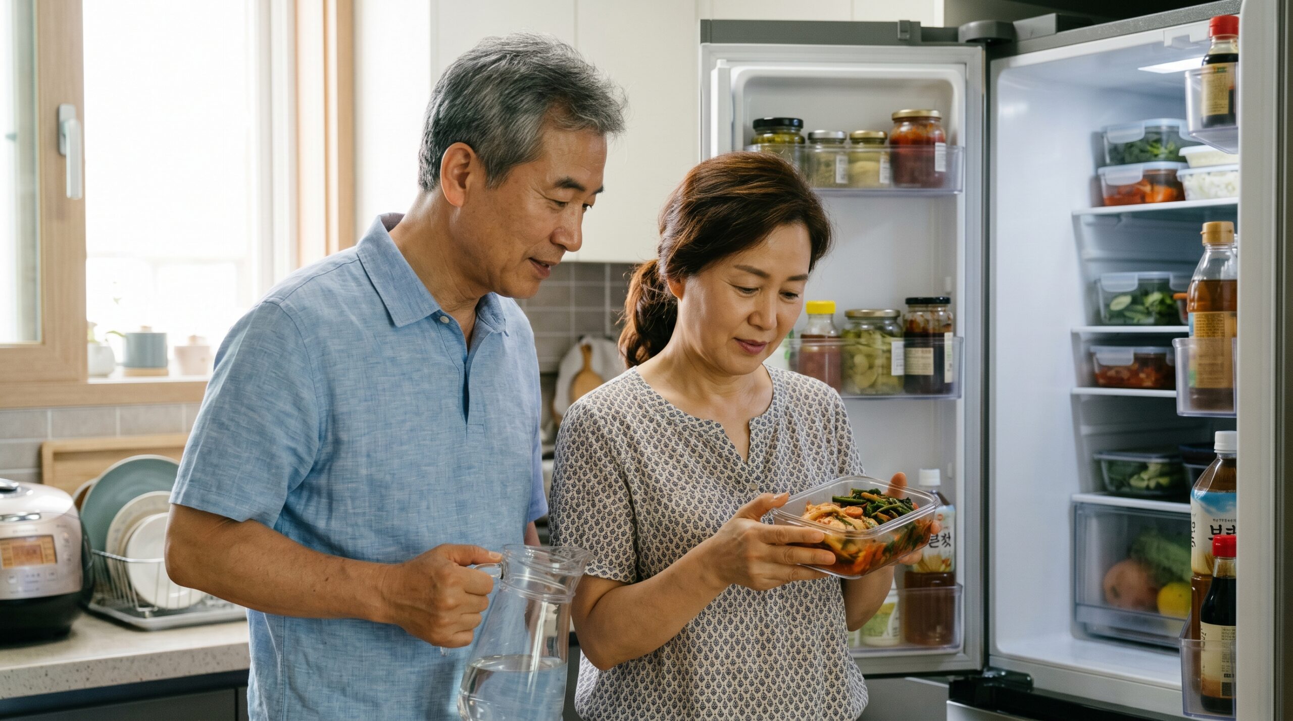 여름날 냉장고 안의 음식을 꼼꼼히 확인하며 대화하는 한국인 시니어 부모님