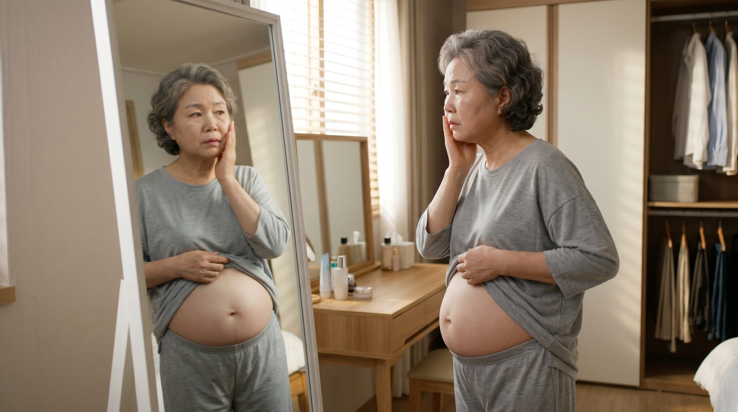 거울 속 둥글게 부은 얼굴과 복부 비만을 걱정스럽게 바라보는 시니어