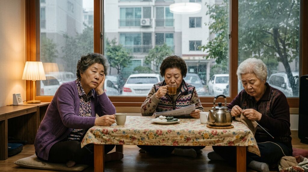 비가 오는 날 피곤함을 느끼는 시니어 한국 여성
