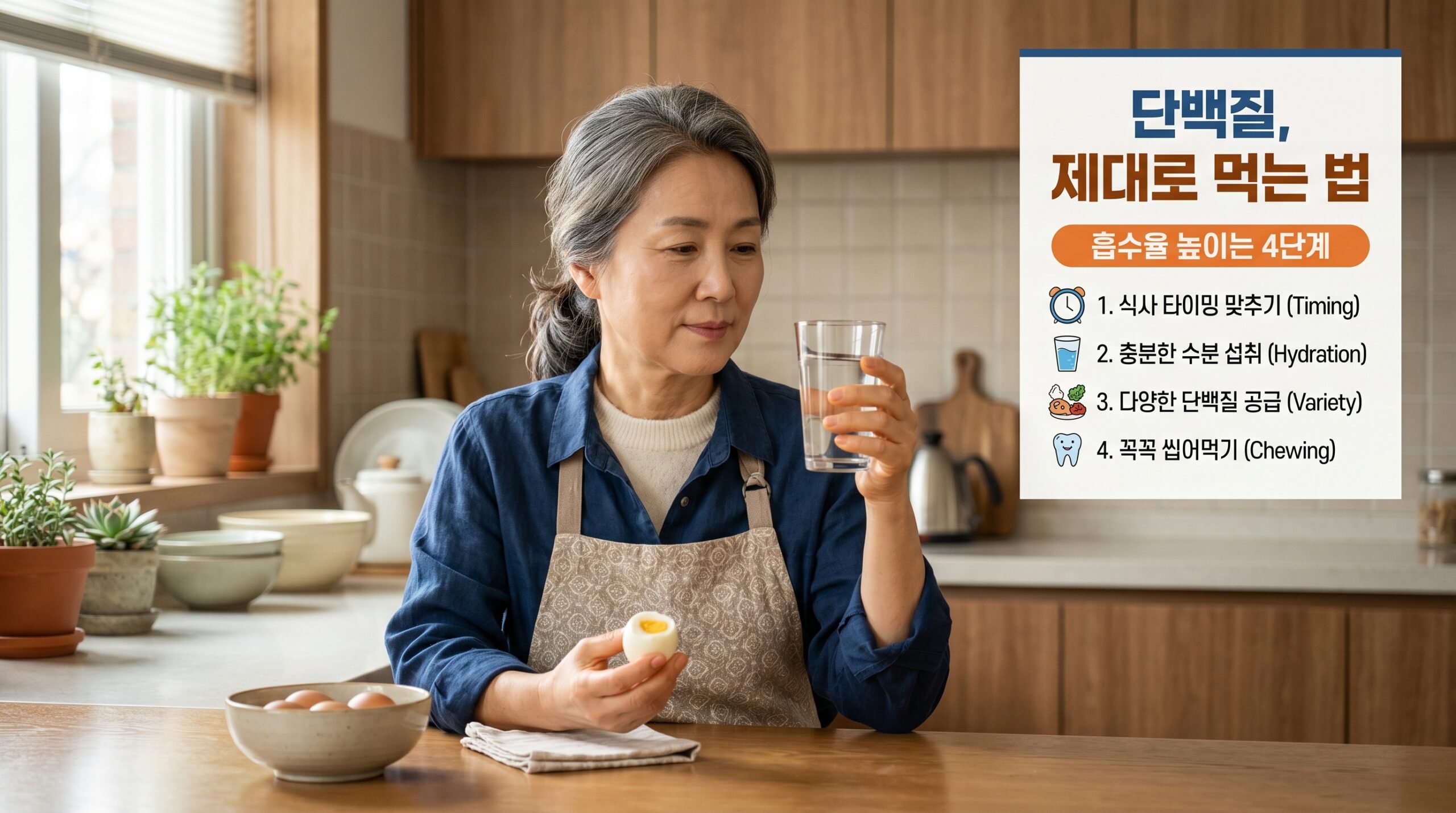 60대 단백질 섭취 흡수율을 높이는 방법과 아침 식단을 고민하는 여성