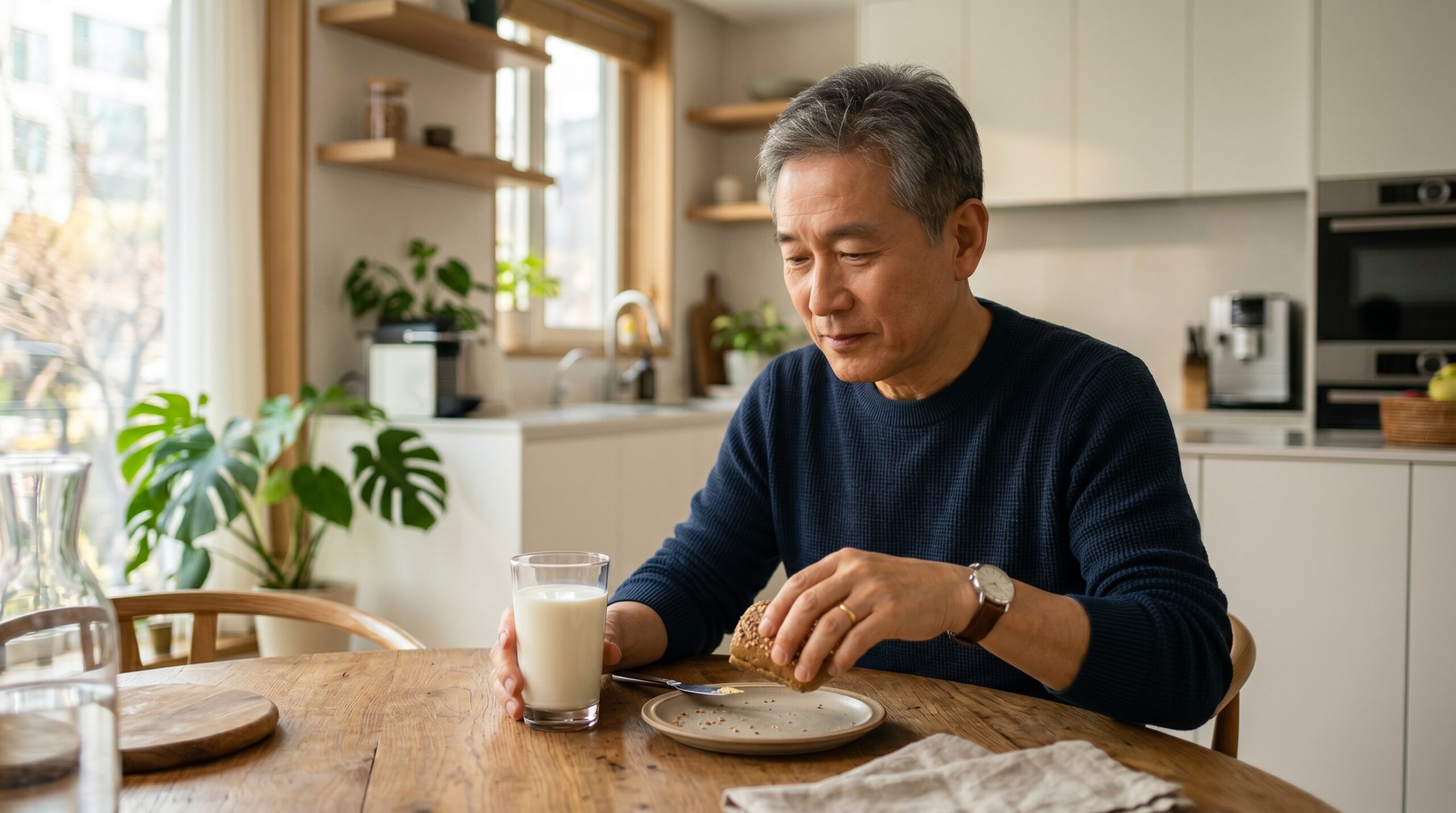 식탁에 앉아 우유 한 잔을 앞에 두고 신중하게 식단을 챙기는 60대 한국인 남성