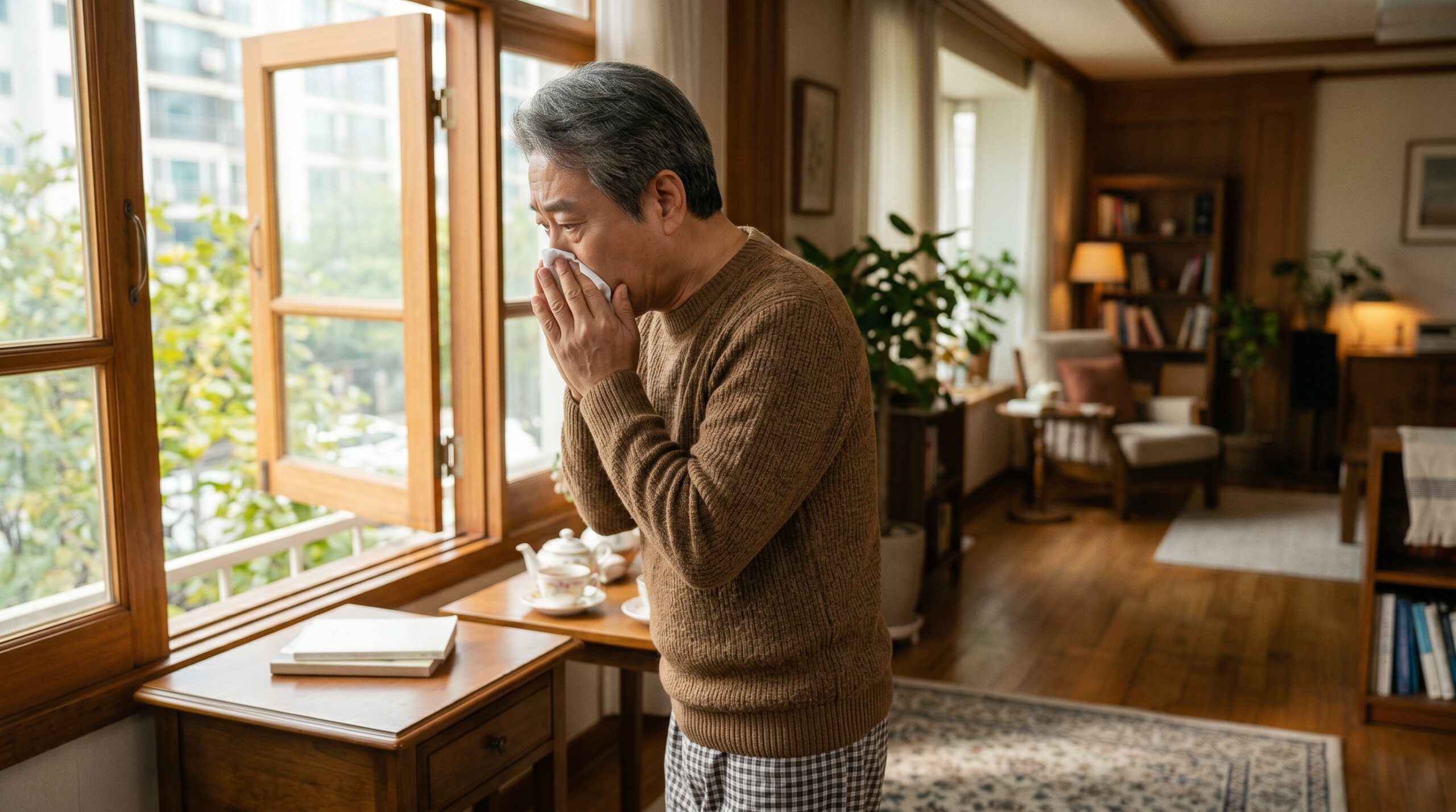 창밖의 꽃가루를 보며 코와 눈의 가려움을 완화하는 60대 한국인 남성의 일상