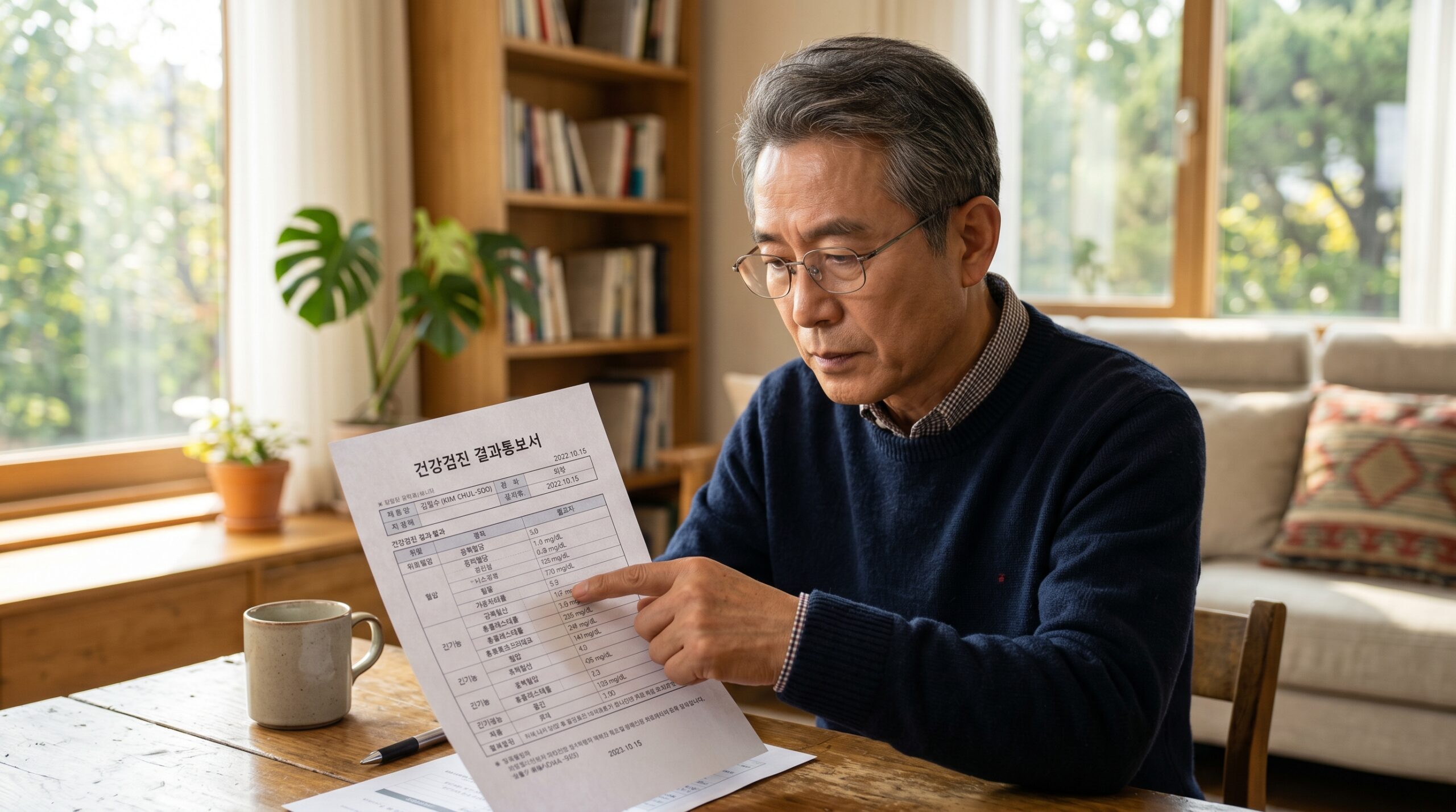 건강검진 결과표를 꼼꼼히 확인하며 신장 건강을 체크하는 60대 한국인 남성