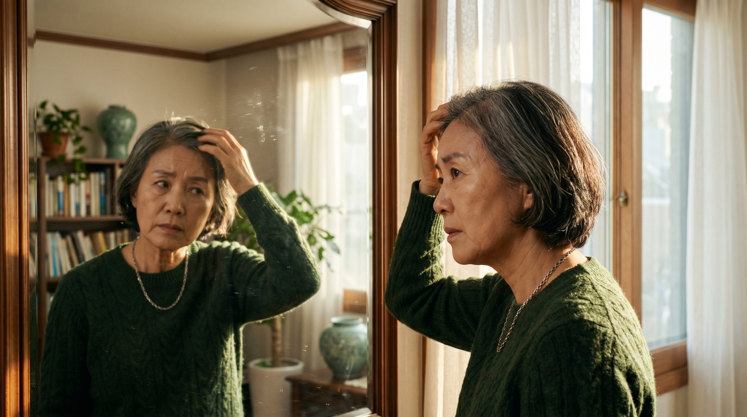 거울을 보며 풍성한 머릿결을 관리하는 건강한 60대 한국인 여성의 모습
