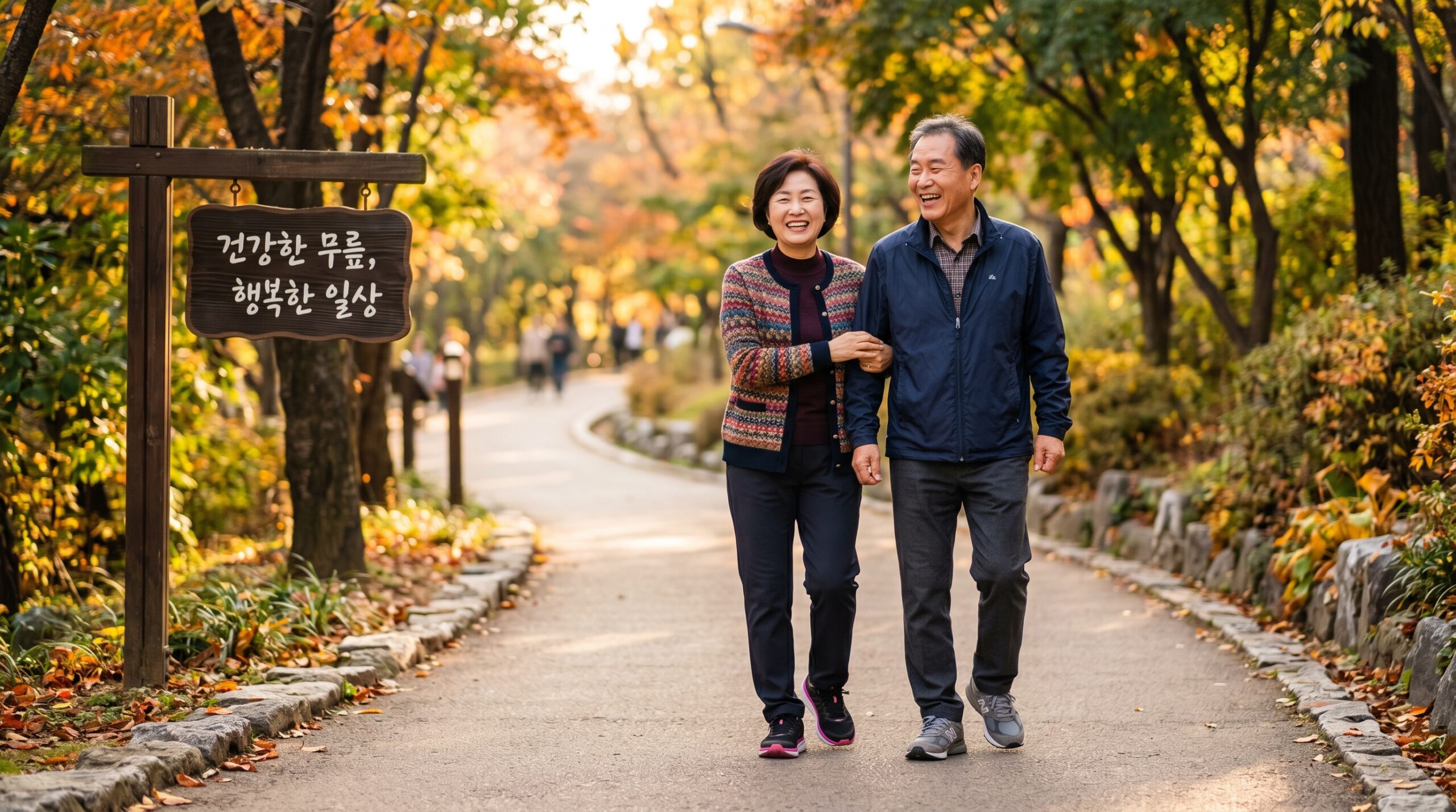 무릎 통증 없이 활기차게 산책하는 60대 한국인 부부의 모습과 건강한 무릎 문구