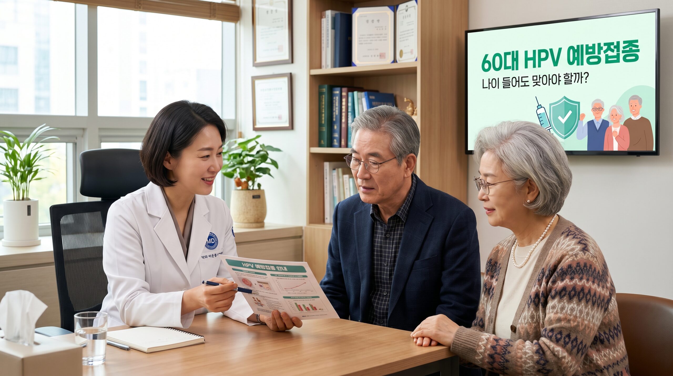 60대 HPV 예방접종 필요성에 대해 의사와 상담하는 시니어 부부