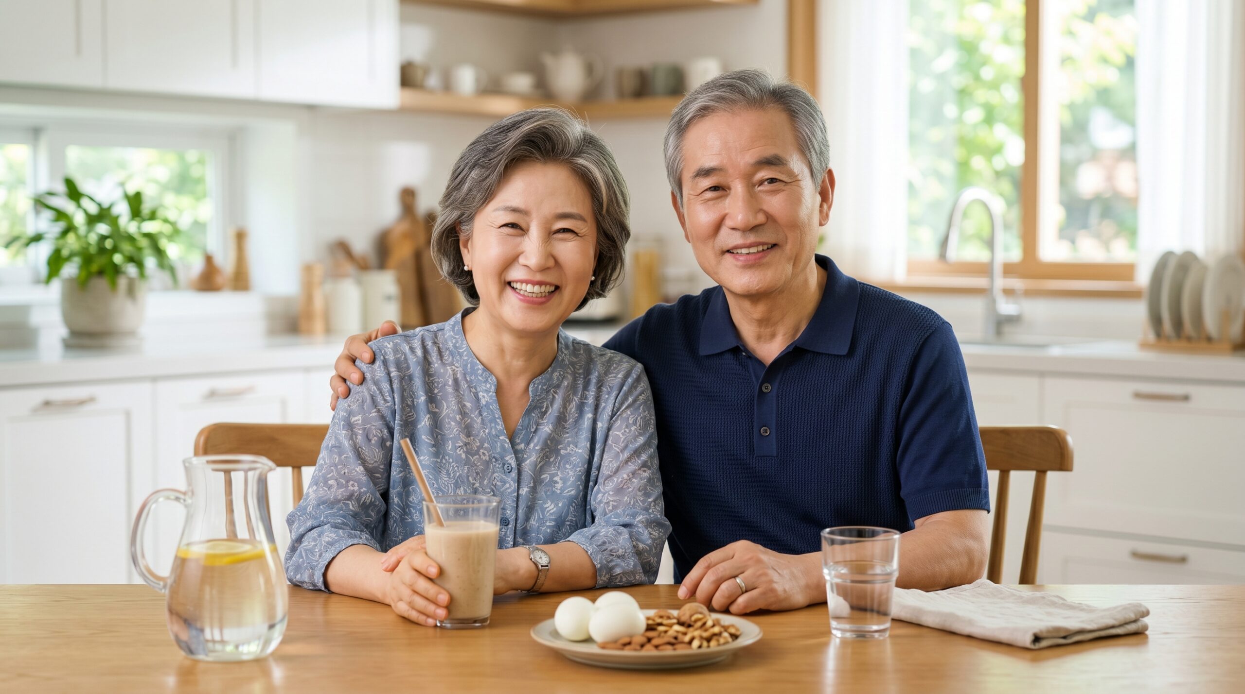 여름철 미숫가루 자주 먹는 부모님 꼭 보세요 문제를 예방하기 위해 단백질 음식과 미숫가루를 함께 균형 있게 차려놓은 시니어 부부의 모습