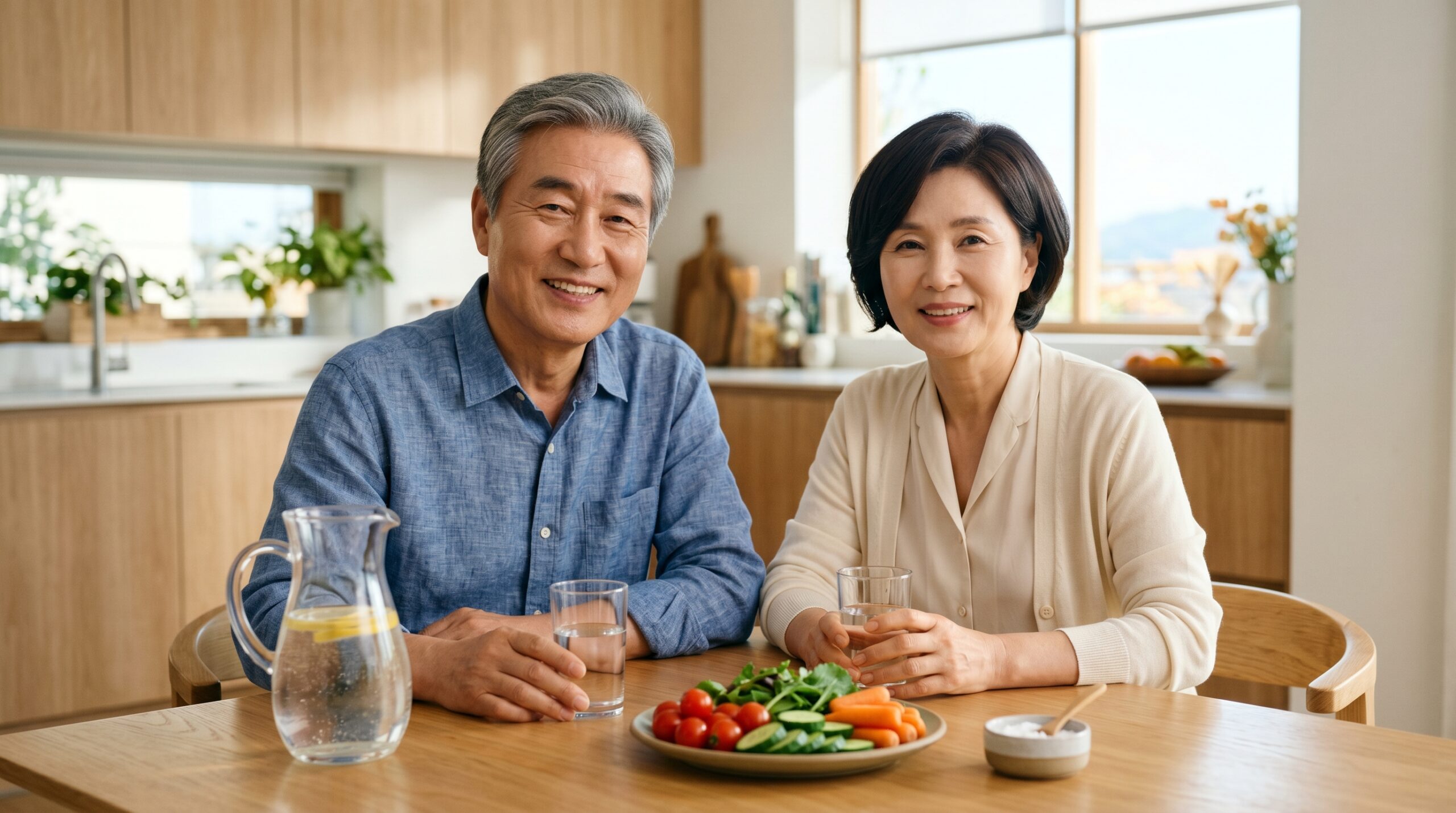 부모님이 물은 많이 마시는데 계속 피곤한 이유 문제를 예방하기 위해 소금기가 있는 음식과 미네랄 생수를 균형 있게 준비한 시니어 부부의 건강한 모습