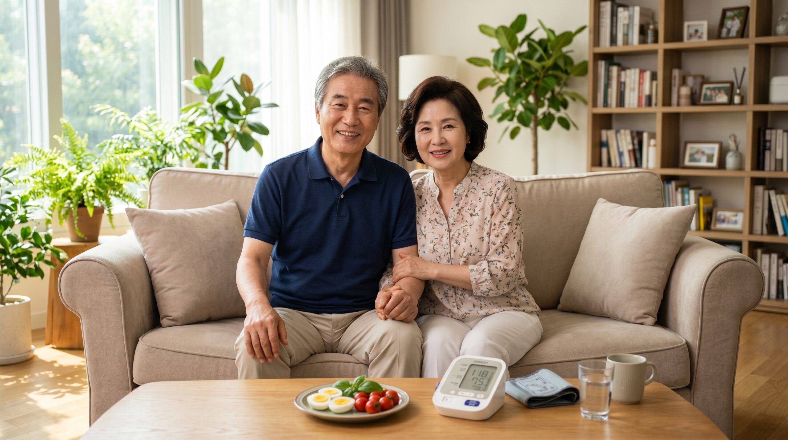 부모님이 TV 보다가 자꾸 조는 이유 노년기 수면장애 예방을 위해 건강한 단백질 식단 관리와 가정용 혈압계를 준비하고 환하게 웃고 있는 시니어 부부의 모습