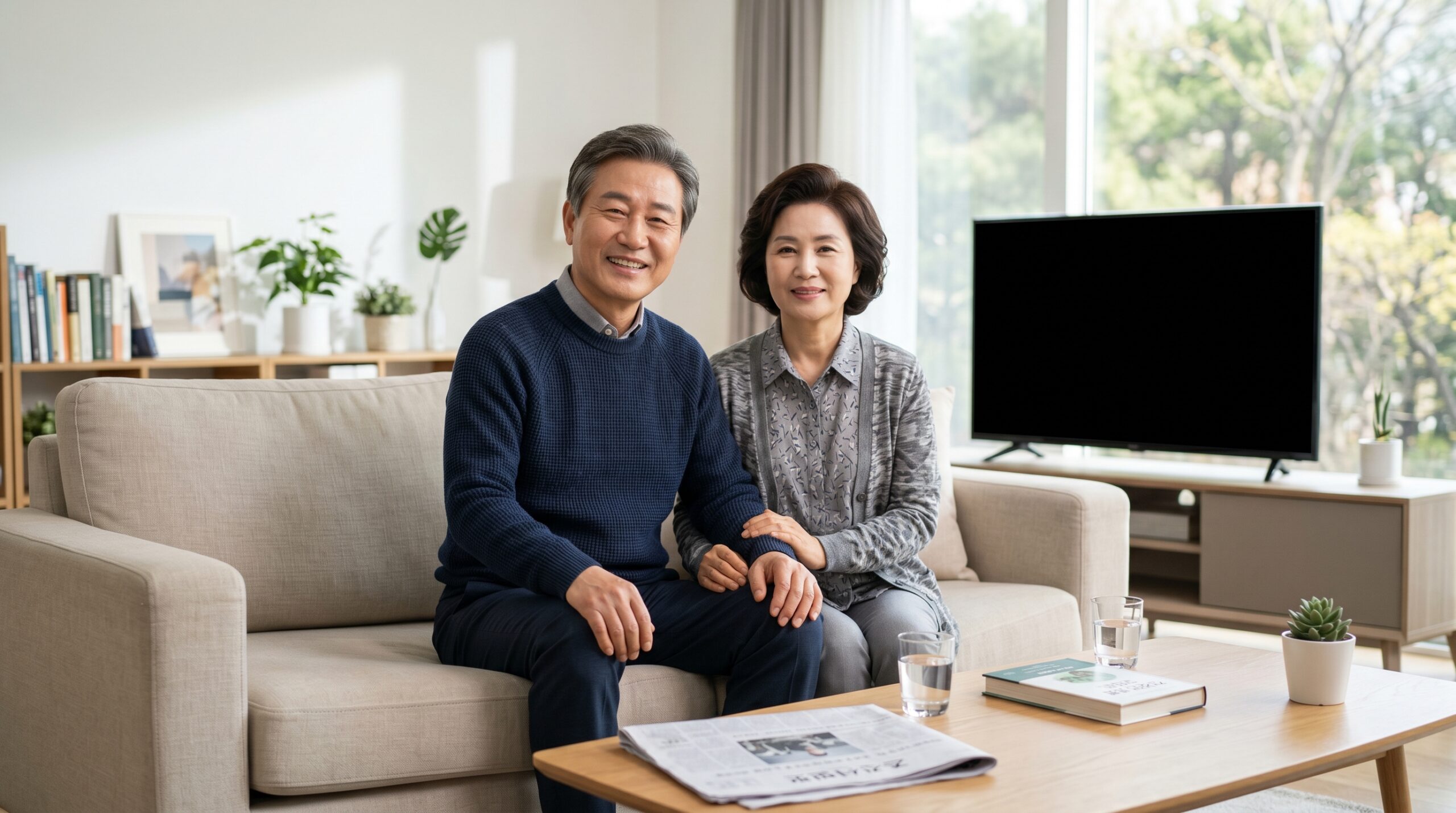 부모님이 하루 종일 TV만 보신다면 치매 위험을 예방하기 위해 거실 TV를 끄고 책과 신문을 읽으며 뇌 건강을 지키는 밝은 미소의 한국인 시니어 부부 모습