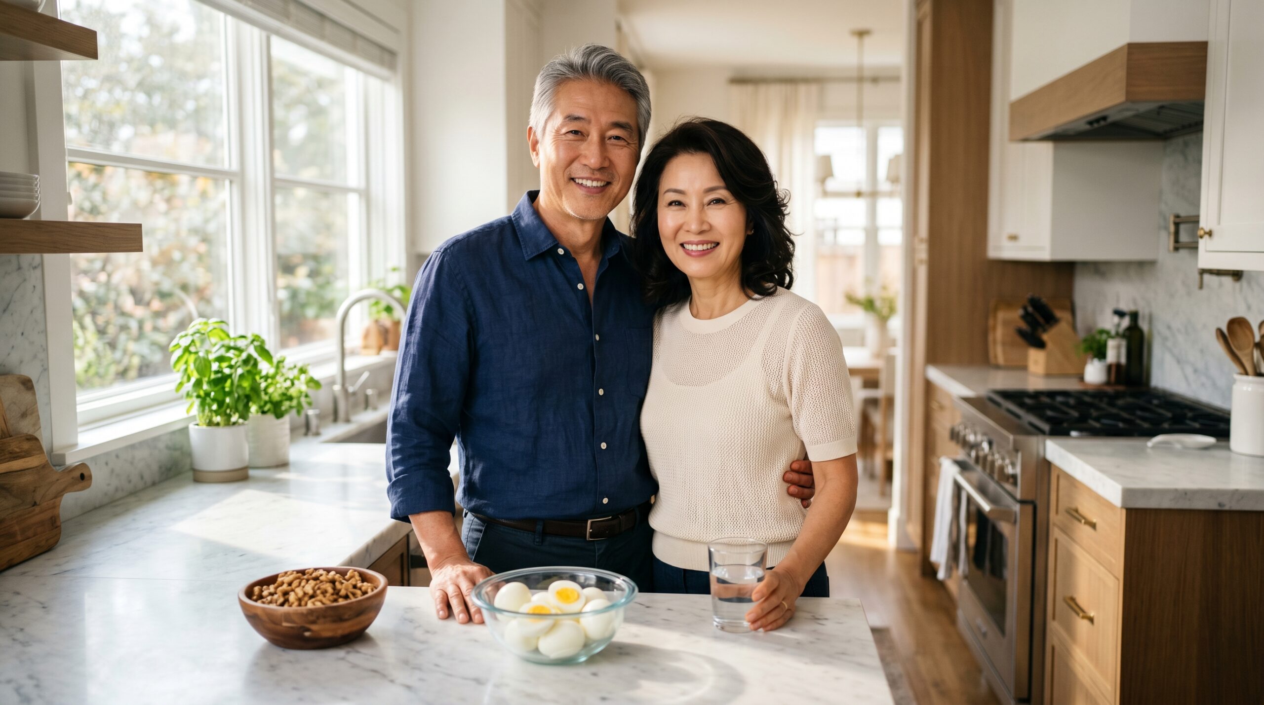 60대인데 10년 젊어 보이는 사람들의 공통점 4가지 비결을 실천하기 위해 비싼 영양제 대신 단백질 위주의 건강한 식단을 준비하며 환하게 웃고 있는 젊은 감각의 시니어 부부 모습