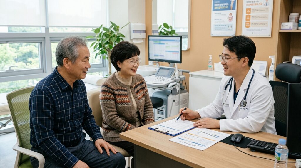 야간뇨 상담을 받는 60대 부부