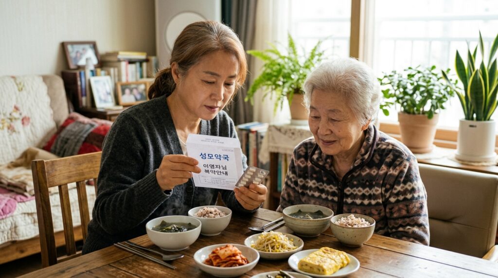 부모님이 복용 중인 약과 두부 같은 단백질 음식의 조화 여부를 꼼꼼히 체크하는 자녀의 모습
