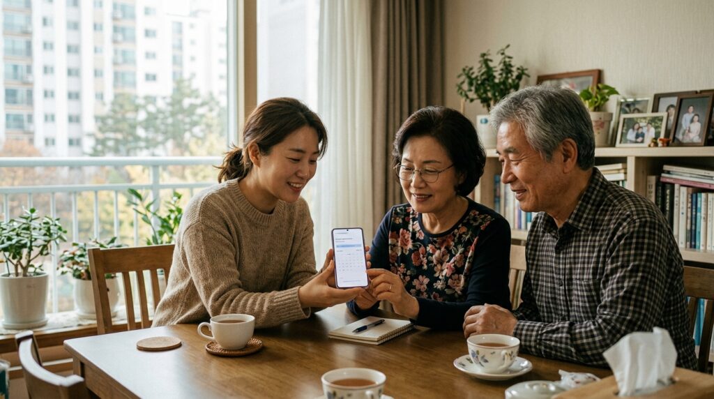 건강검진 예약을 함께하는 부모님과 자녀