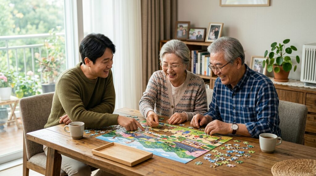치매 전조증상 예방을 위해 집에서 자녀와 함께 두뇌 퀴즈를 푸는 노인 부부