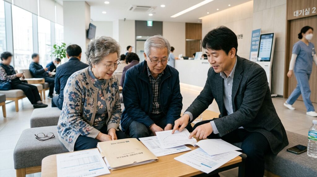 건강검진 결과를 함께 확인하는 부모님과 자녀