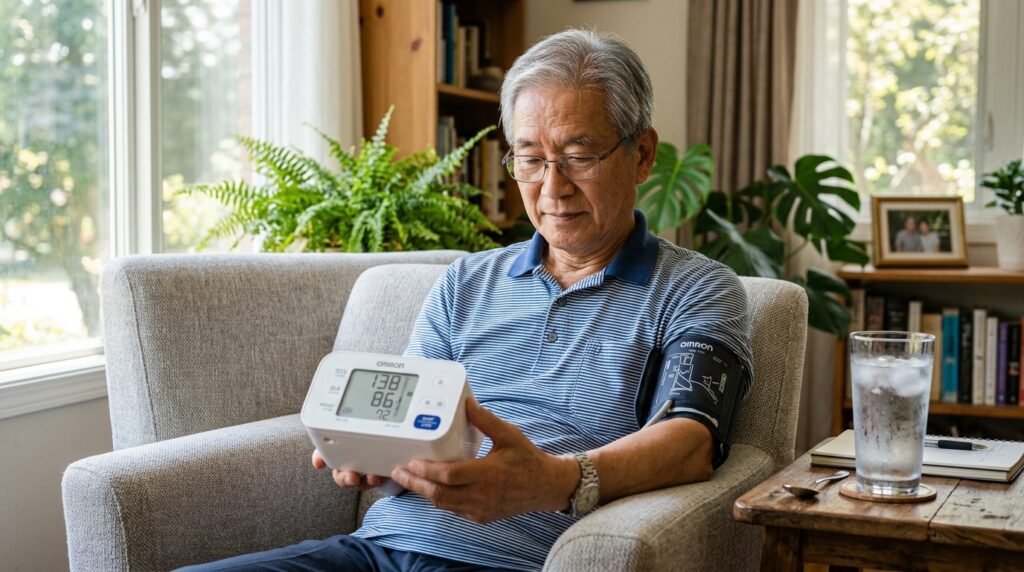 부모님이 물은 많이 마시는데 계속 피곤한 이유 중 하나인 여름철 저혈압 증상을 관리하기 위해 가정용 혈압계로 혈압을 측정하는 노인 남성