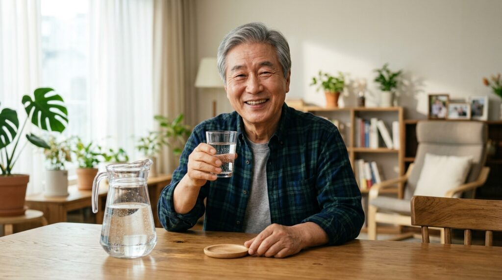 부모님이 냉장고 문을 자꾸 여는 이유 중 하나인 노인 탈수 증상을 예방하기 위해 식탁에 생수를 두고 규칙적으로 물을 마시며 웃고 있는 한국인 어르신