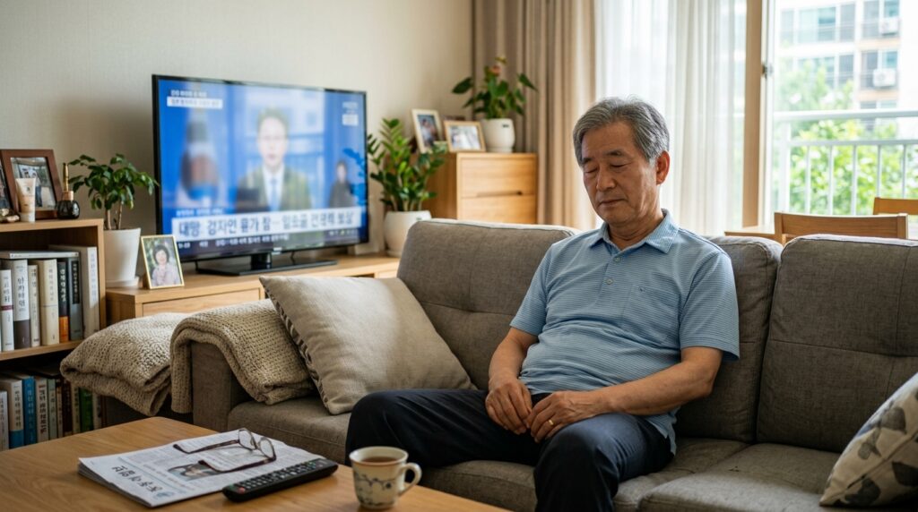 부모님이 TV 보다가 자꾸 조는 이유 밤잠 동안 숙면을 방해하는 야간뇨와 만성 피로 때문에 낮에 거실 소파에서 나른하게 졸음을 느끼는 노인 남성