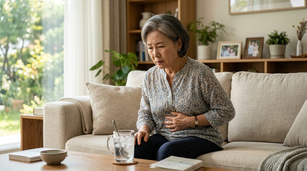 여름철 미숫가루 자주 먹는 부모님 꼭 보세요 찬 음료 과다 섭취로 복부 냉증과 위장 소화불량을 겪는 시니어 여성의 모습