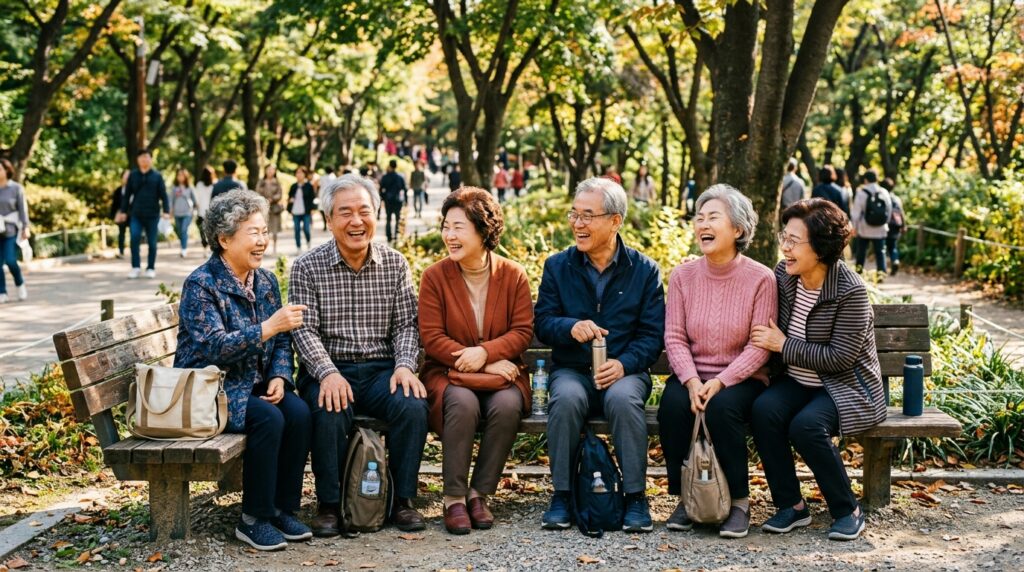 60대인데 10년 젊어 보이는 사람들이 친구와 대화하는 모습