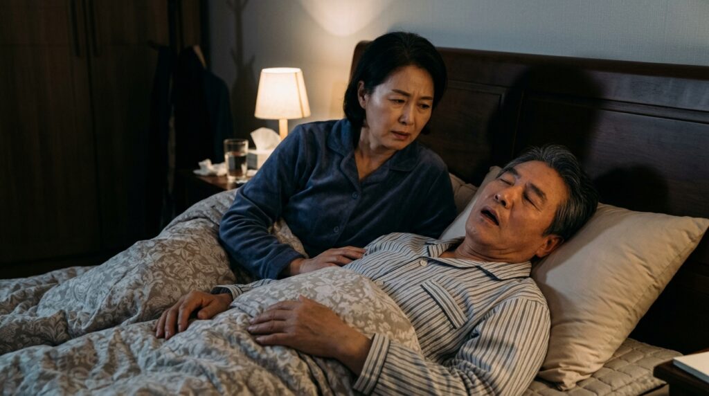 코골이와 수면무호흡증을 걱정하는 60대 부부