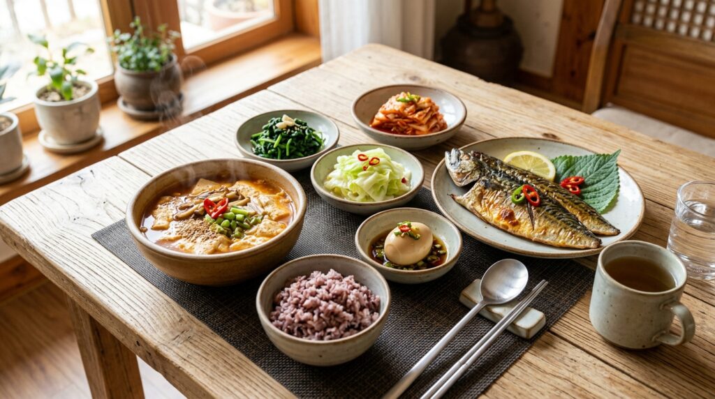 부모님이 두부를 건강하게 섭취할 수 있도록 생선과 채소를 곁들인 노년기 균형 잡힌 단백질 식단