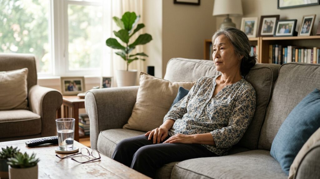 부모님이 물은 많이 마시는데 계속 피곤한 이유인 하절기 단백질 결핍과 무기력증으로 인해 거실 소파에서 피로를 느끼고 있는 시니어 여성의 모습