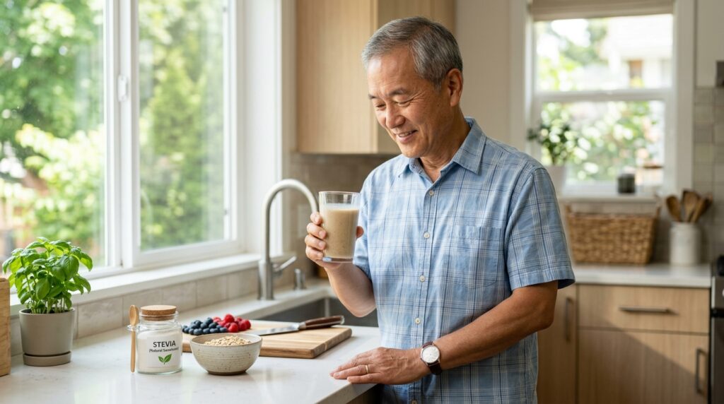 여름철 미숫가루 자주 먹는 부모님 꼭 보세요 혈당 관리를 위해 설탕을 넣지 않고 무가당 건강 곡물 음료를 준비하는 60대 노인 남성